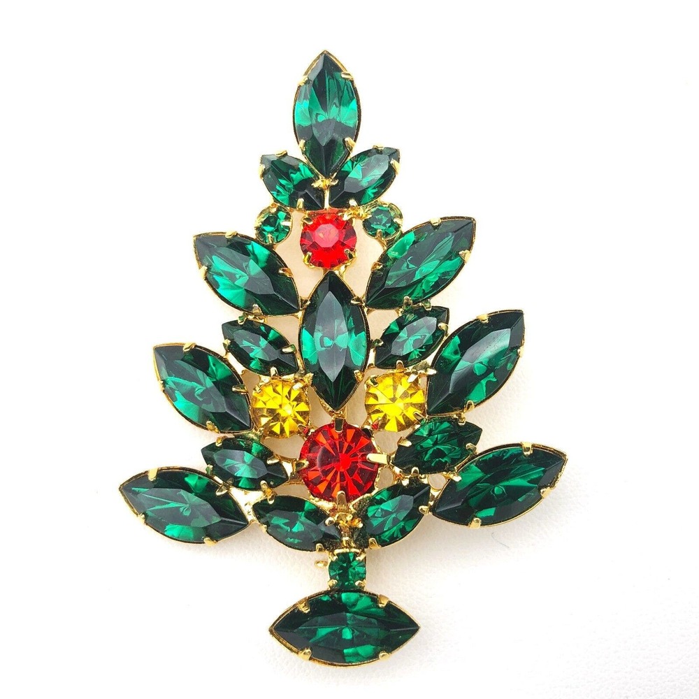 Vintage OTC Christmas Tree Brooch 2.5" Green Red Yellow Faceted Rhinestone Pin‎